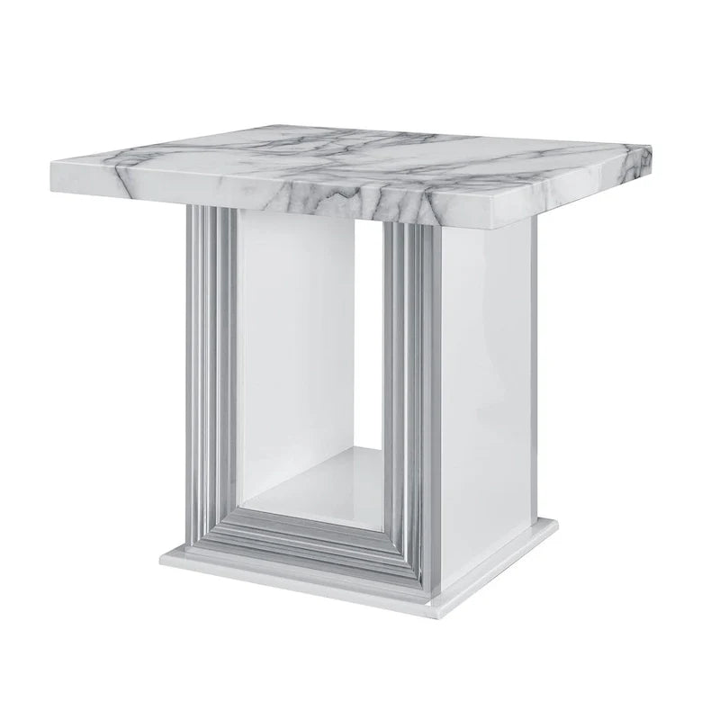 Table d'appoint avec piètement blanc et argenté en faux marbre et bois