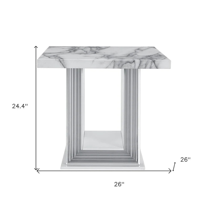 Mesa auxiliar con pedestal de madera y mármol sintético blanco y plateado