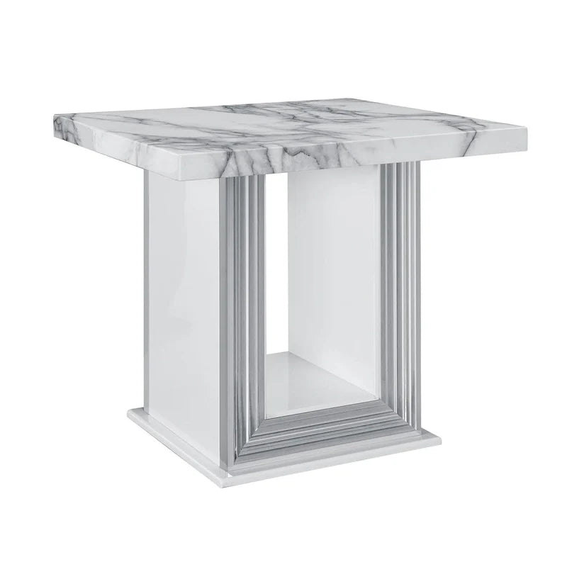 Mesa auxiliar con pedestal de madera y mármol sintético blanco y plateado