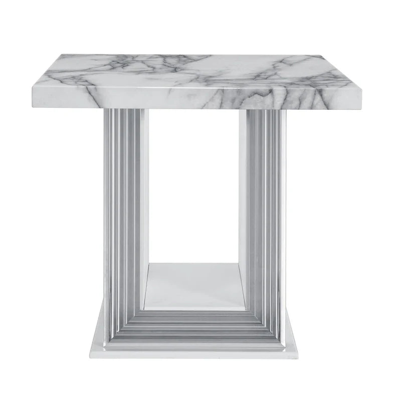 Table d'appoint avec piètement blanc et argenté en faux marbre et bois