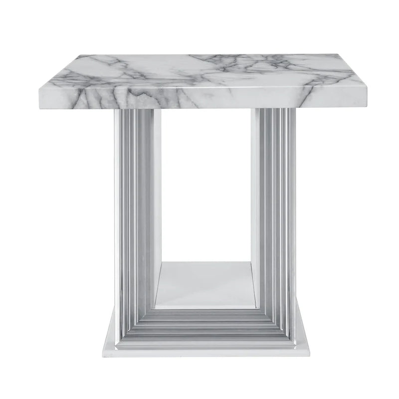 Table d'appoint avec piètement blanc et argenté en faux marbre et bois