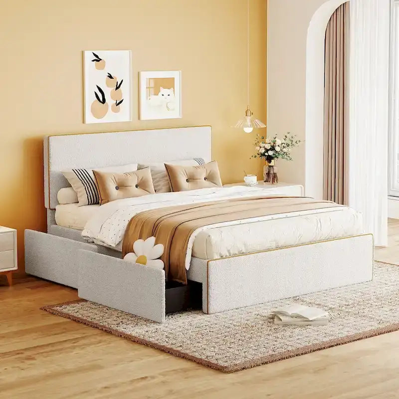 Cama de plataforma tapizada de diseño creativo estilo nórdico