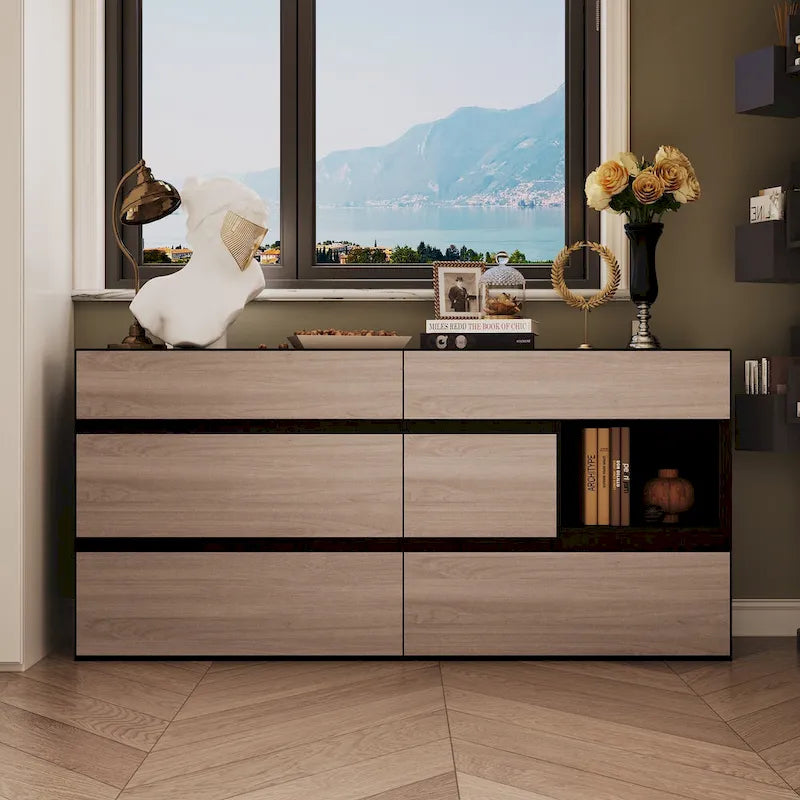 Dresser Sideboard with Wood Grain Drawers and Black Cabinet Wide Organizer for Hallway, Office, or Closet