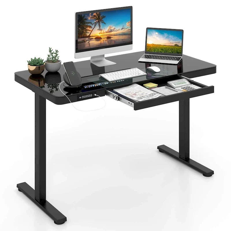 Escritorio eléctrico de altura ajustable para trabajar de pie, con superficie de vidrio templado negro, para oficina