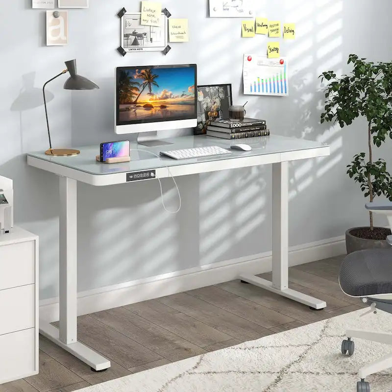 Elektrisch höhenverstellbarer Stehschreibtisch mit schwarzer Tischplatte aus gehärtetem Glas, Sitz-Steh-Schreibtisch fürs Büro