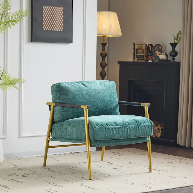 Estructura minimalista de metal y diseño con reposabrazos de madera