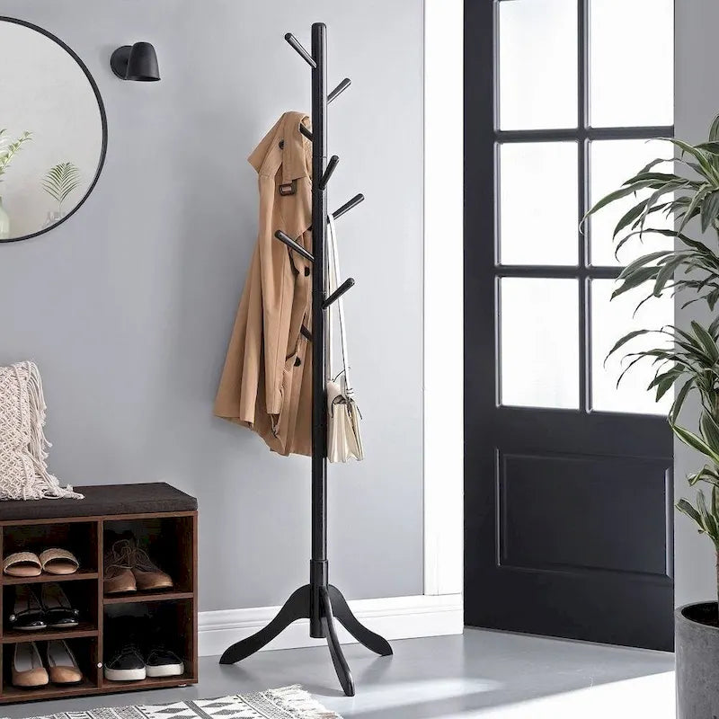 Solid Wood Modern Coat Rack, 8 Hooks, 53 lb Capacity, Adjustable 3-Section Design with Triangular Base