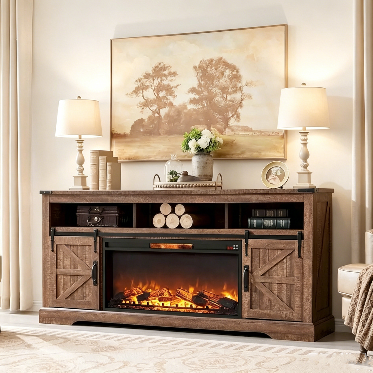Farmhouse Fireplace TV Stand for 80 TV