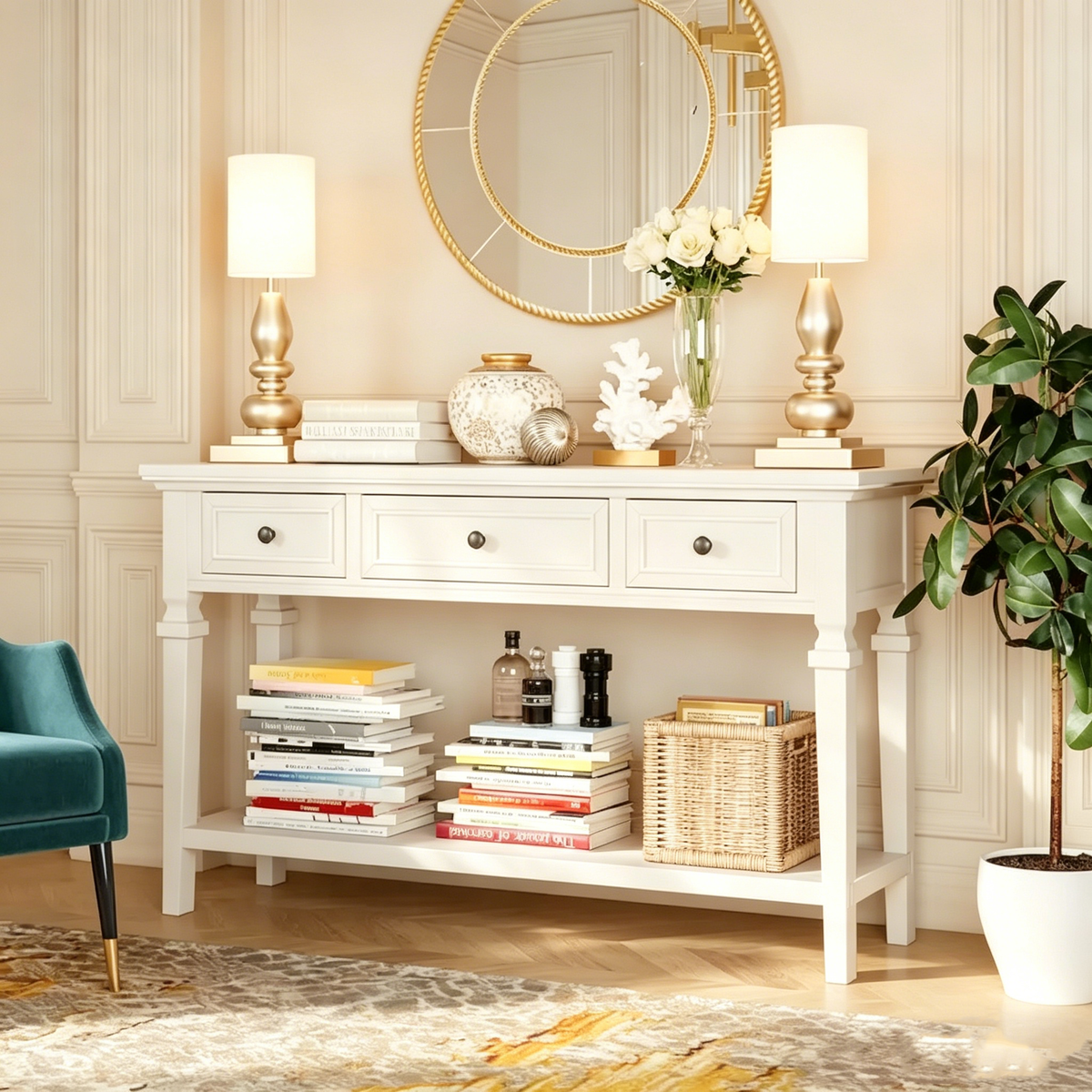 White Console Table with 3 Drawers and Bottom Storage Shelf, Farmhouse Entryway Sofa Table