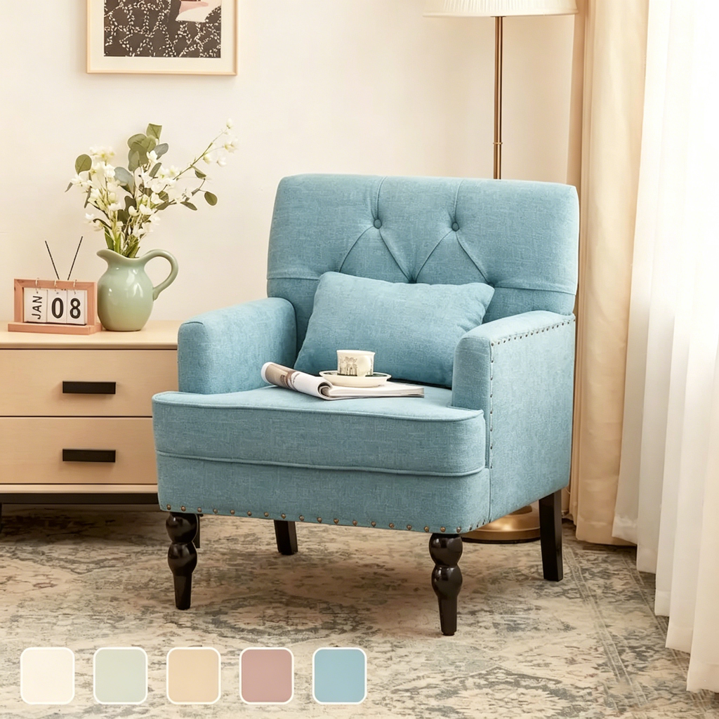 Sillón tapizado decorativo con capitoné de botones
