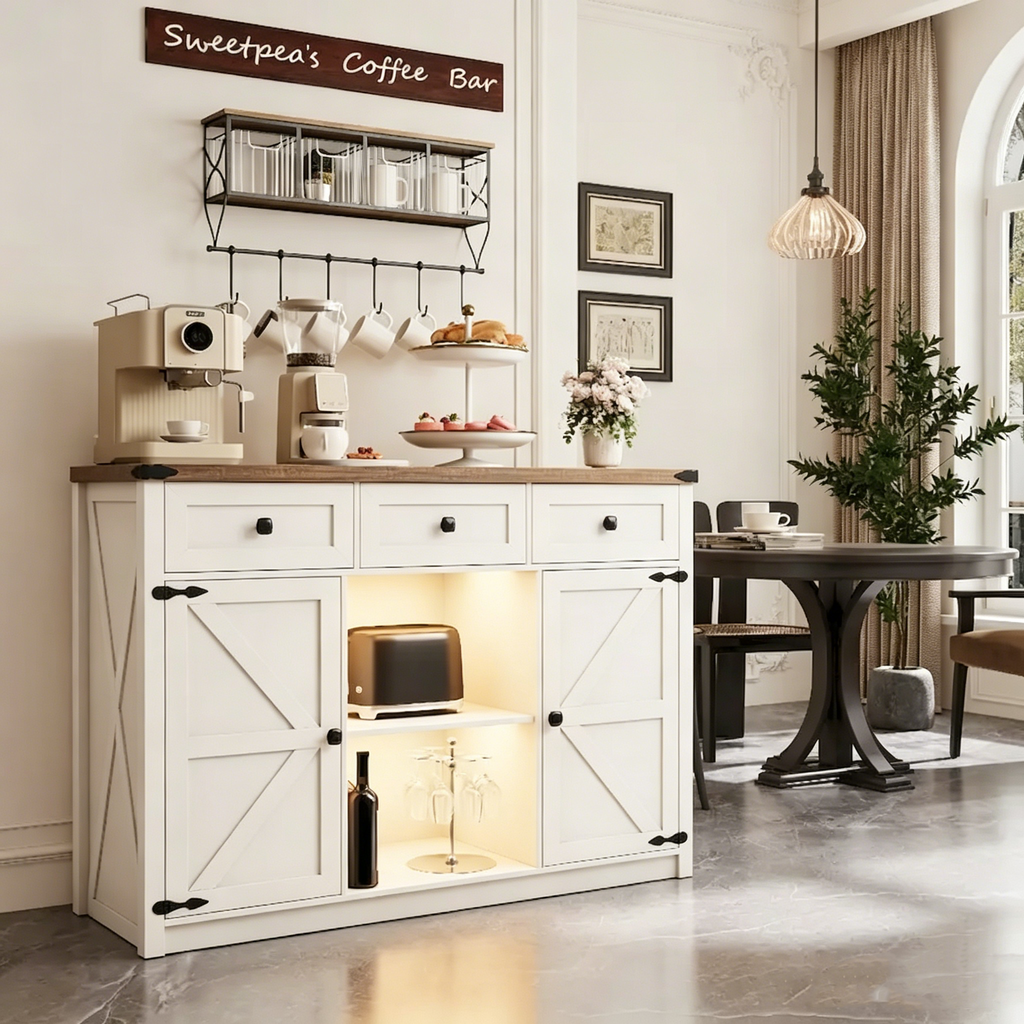 Gabinete de bar y café estilo granja con luz LED, aparador con almacenamiento, cajones y puertas de granero para la cocina
