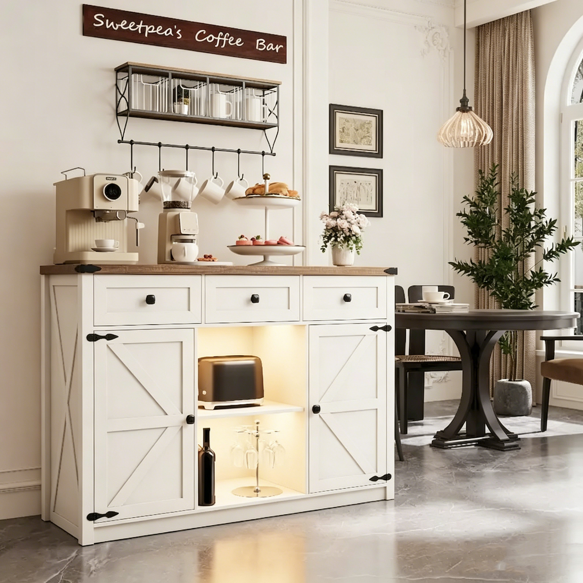 Küchenschrank im Landhausstil mit LED-Beleuchtung, Sideboard mit Stauraum, Schubladen und Scheunentüren