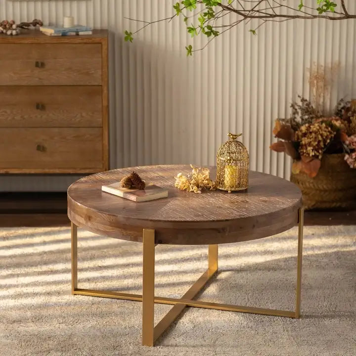 Mesa de centro redonda moderna de estilo retro con diseño combinado y patas cruzadas