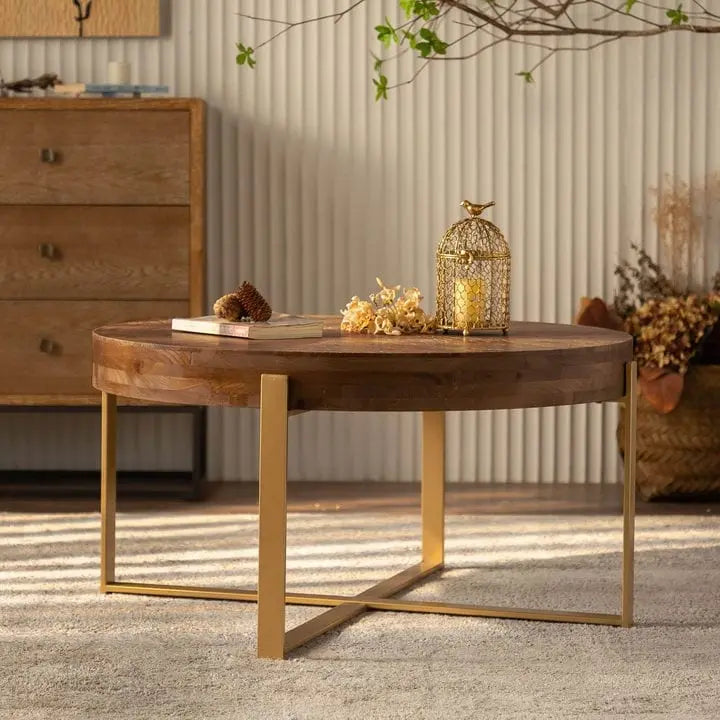Mesa de centro redonda moderna de estilo retro con diseño combinado y patas cruzadas