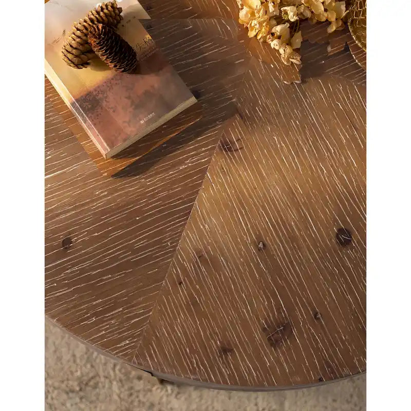 Mesa de centro redonda moderna de estilo retro con diseño combinado y patas cruzadas