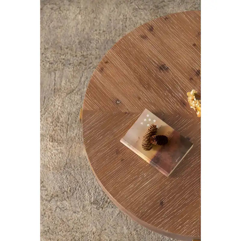 Mesa de centro redonda moderna de estilo retro con diseño combinado y patas cruzadas