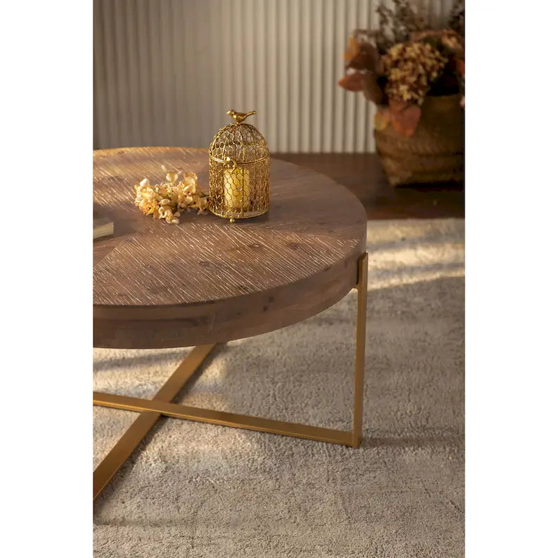 Table basse ronde moderne rétro assemblée avec pieds croisés