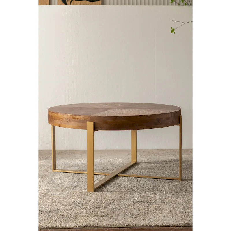 Mesa de centro redonda moderna de estilo retro con diseño combinado y patas cruzadas