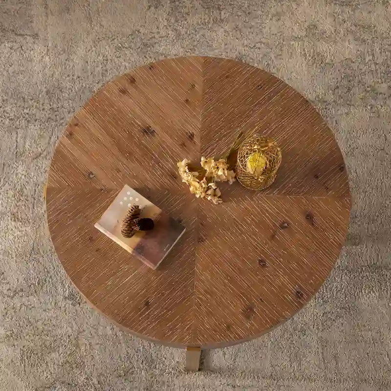 Mesa de centro redonda moderna de estilo retro con diseño combinado y patas cruzadas