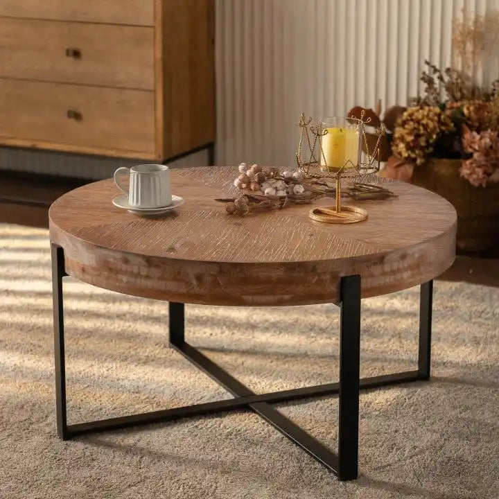 Mesa de centro redonda moderna de estilo retro con diseño combinado y patas cruzadas