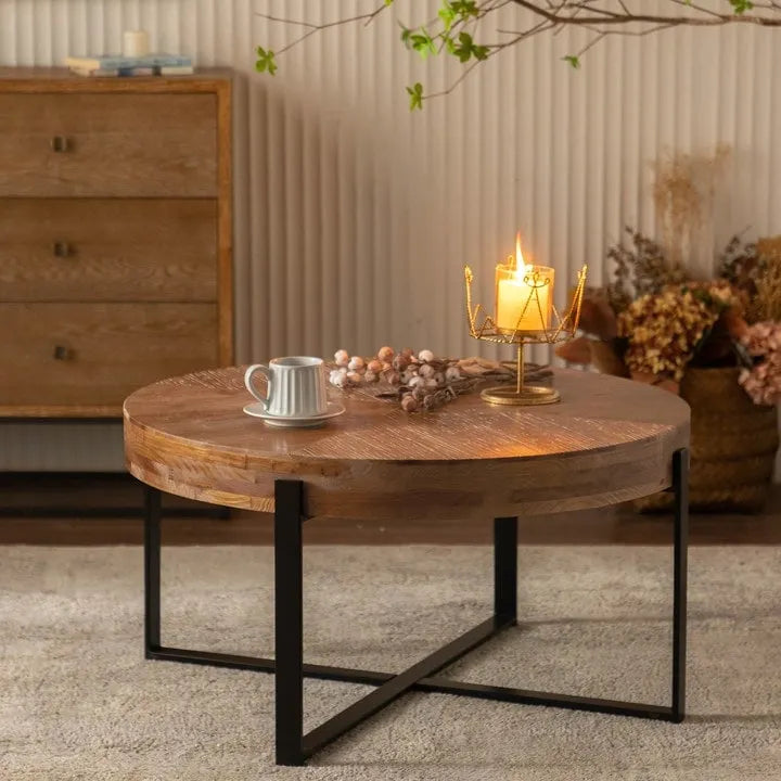 Mesa de centro redonda moderna de estilo retro con diseño combinado y patas cruzadas