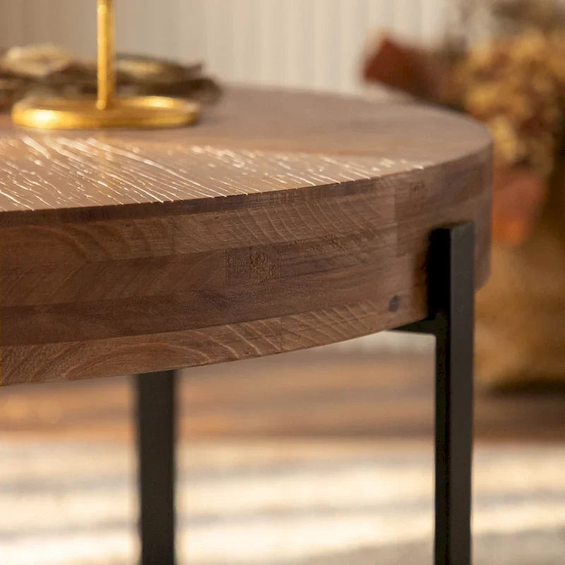 Mesa de centro redonda moderna de estilo retro con diseño combinado y patas cruzadas
