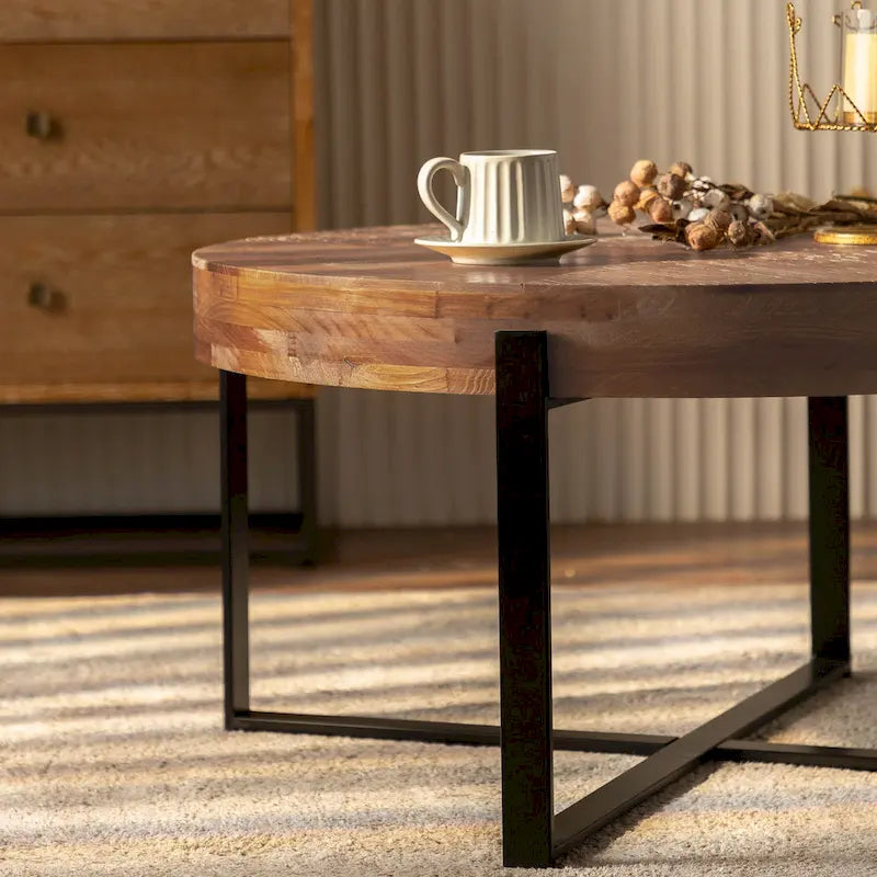 Mesa de centro redonda moderna de estilo retro con diseño combinado y patas cruzadas