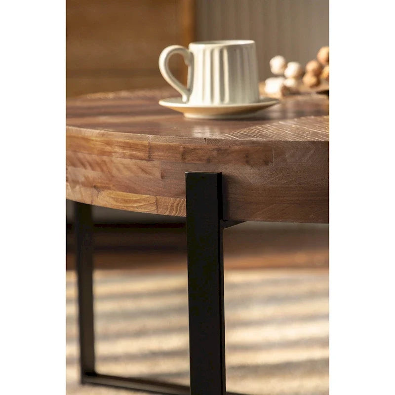 Mesa de centro redonda moderna de estilo retro con diseño combinado y patas cruzadas