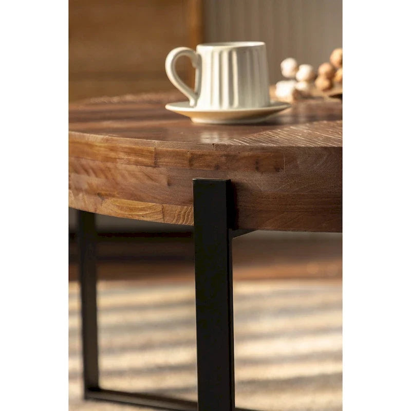 Mesa de centro redonda moderna de estilo retro con diseño combinado y patas cruzadas
