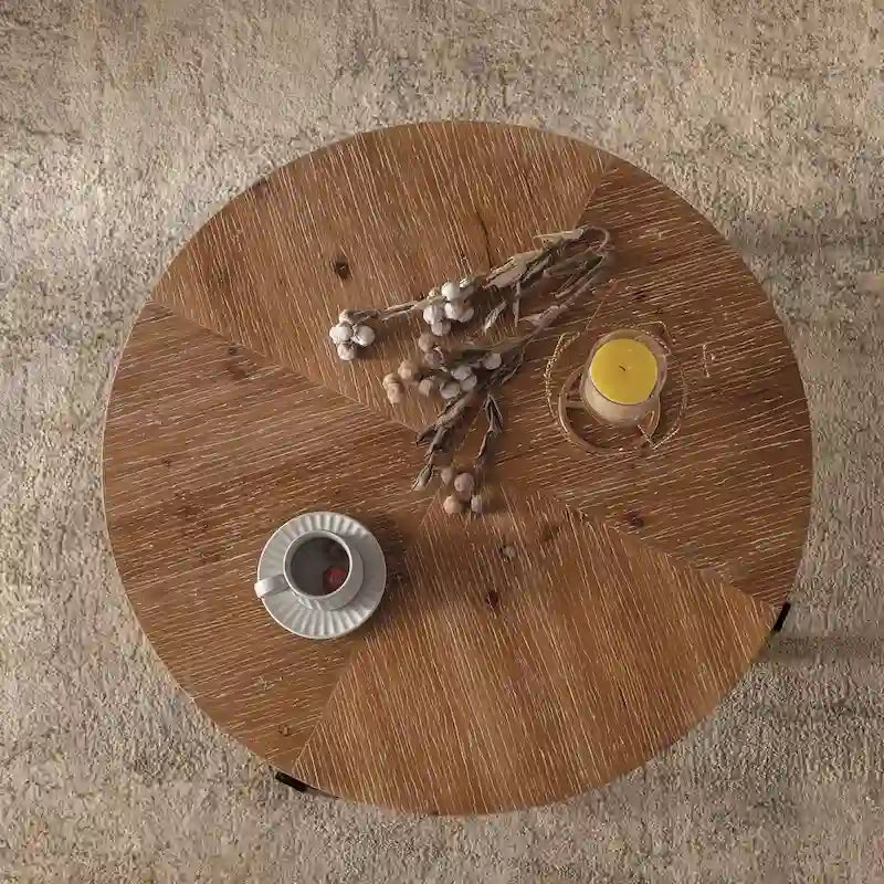 Mesa de centro redonda moderna de estilo retro con diseño combinado y patas cruzadas