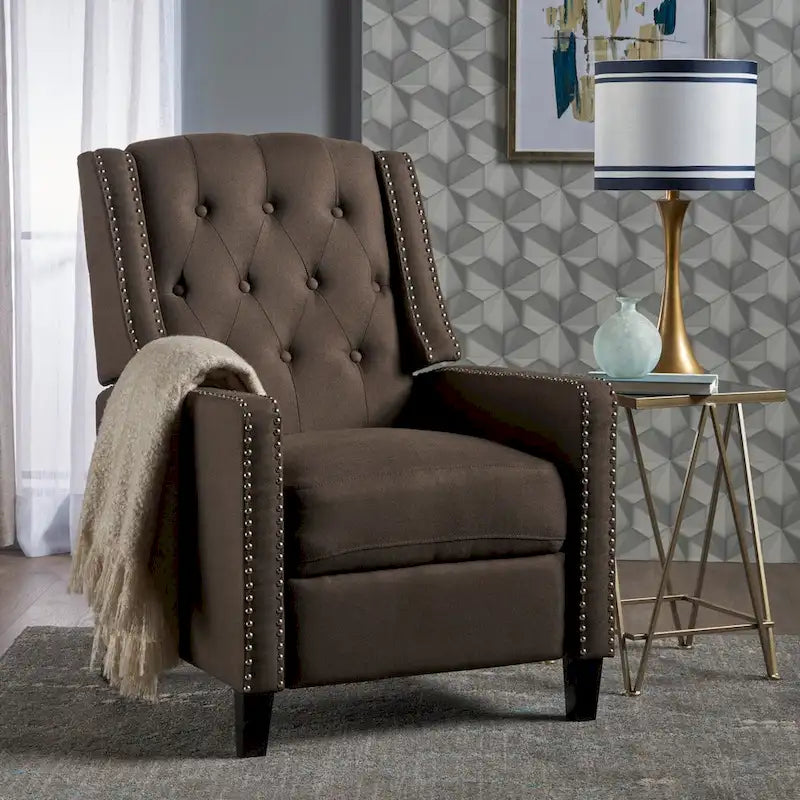 Sillón decorativo tapizado con respaldo alto alado y capitoné, adornos de clavos y respaldo alto reclinable para la sala de estar