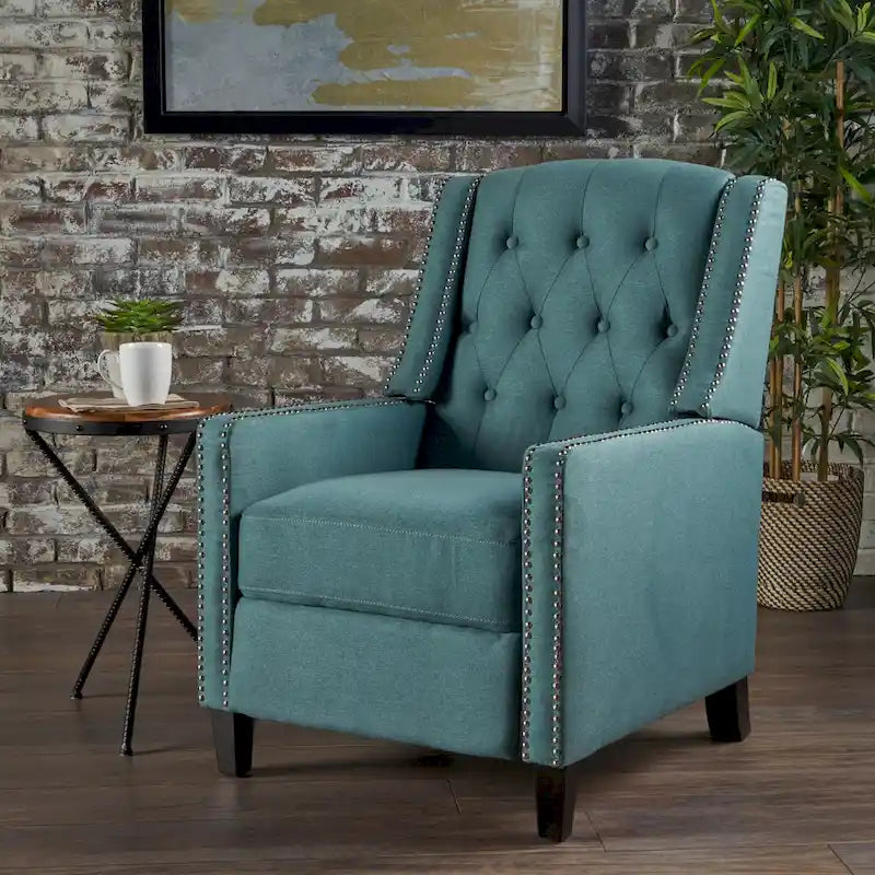 Sillón decorativo tapizado con respaldo alto alado y capitoné, adornos de clavos y respaldo alto reclinable para la sala de estar