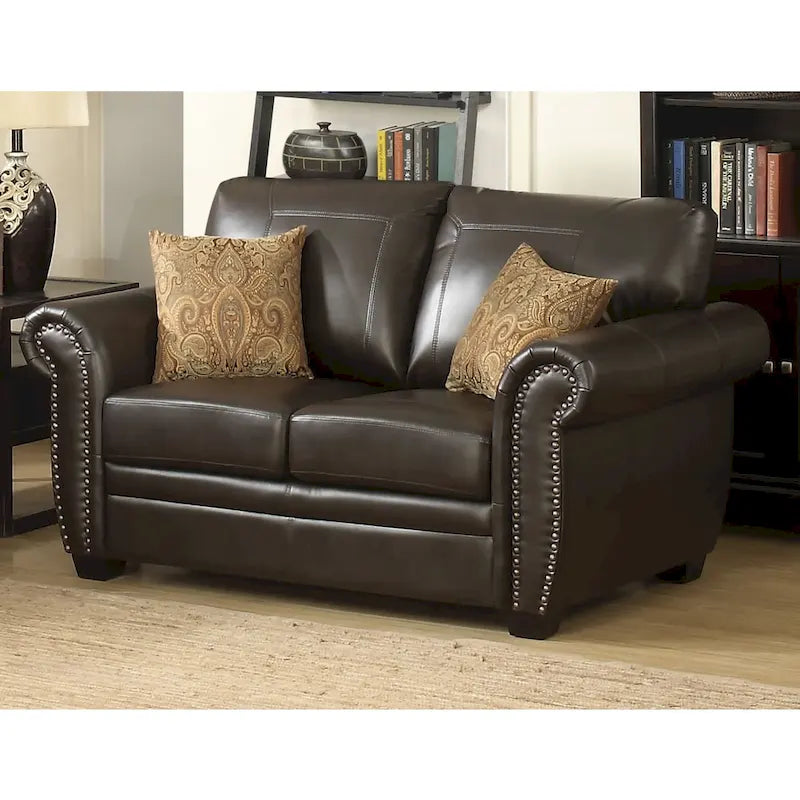 Louis Traditional Brown Italian Leather Stationary Loveseat - N/A