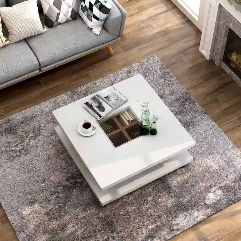 White Glass-Paneled Low Coffee Table