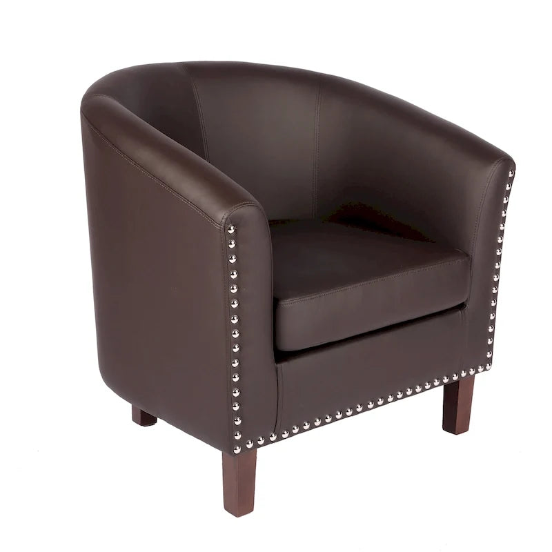 Sillón decorativo de cuero estilo barril, sillón envolvente tapizado con tachuelas para sala de estar