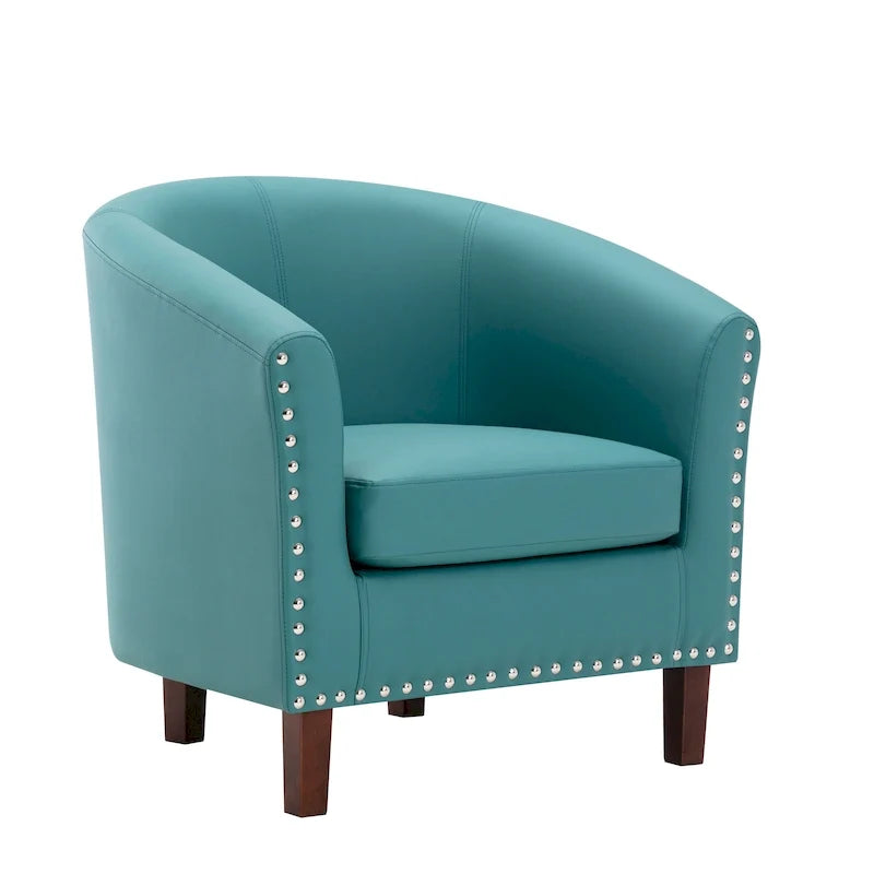Sillón decorativo de cuero estilo barril, sillón envolvente tapizado con tachuelas para sala de estar