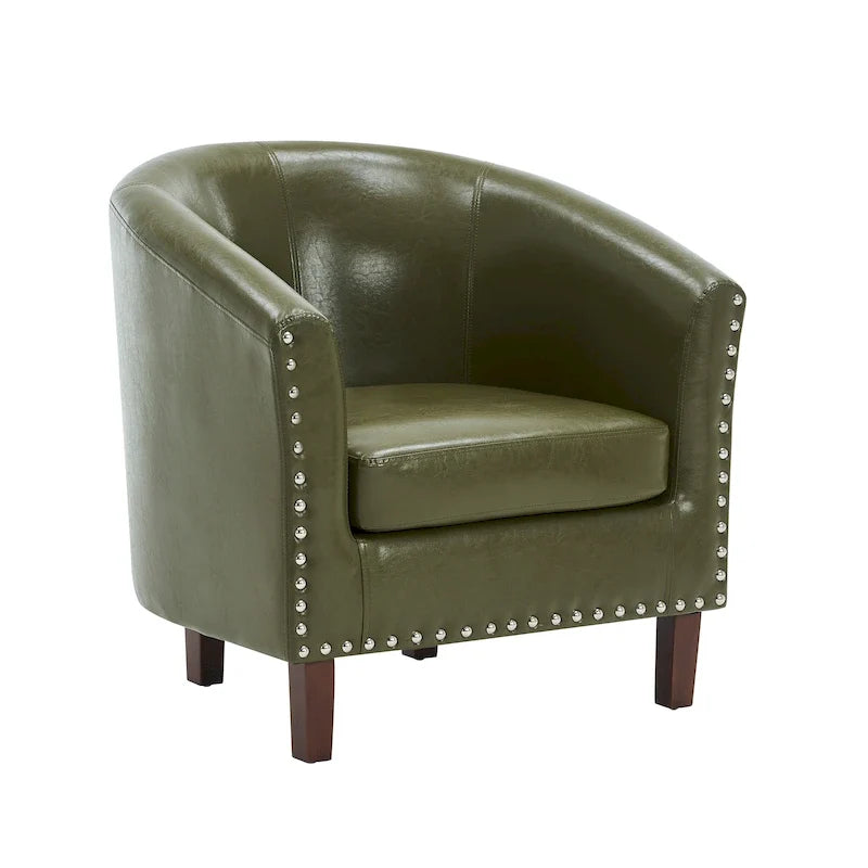 Sillón decorativo de cuero estilo barril, sillón envolvente tapizado con tachuelas para sala de estar