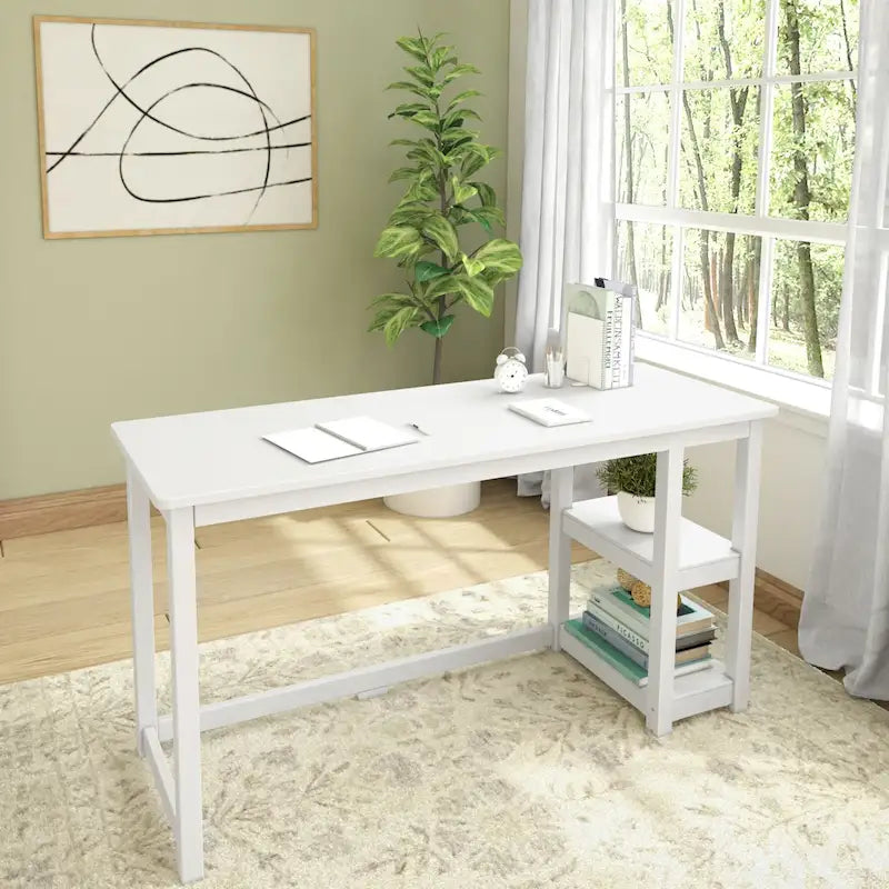 Escritorio sencillo para computadora con estante de almacenamiento lateral, mesa de madera para escribir y estudiar en casa o la oficina