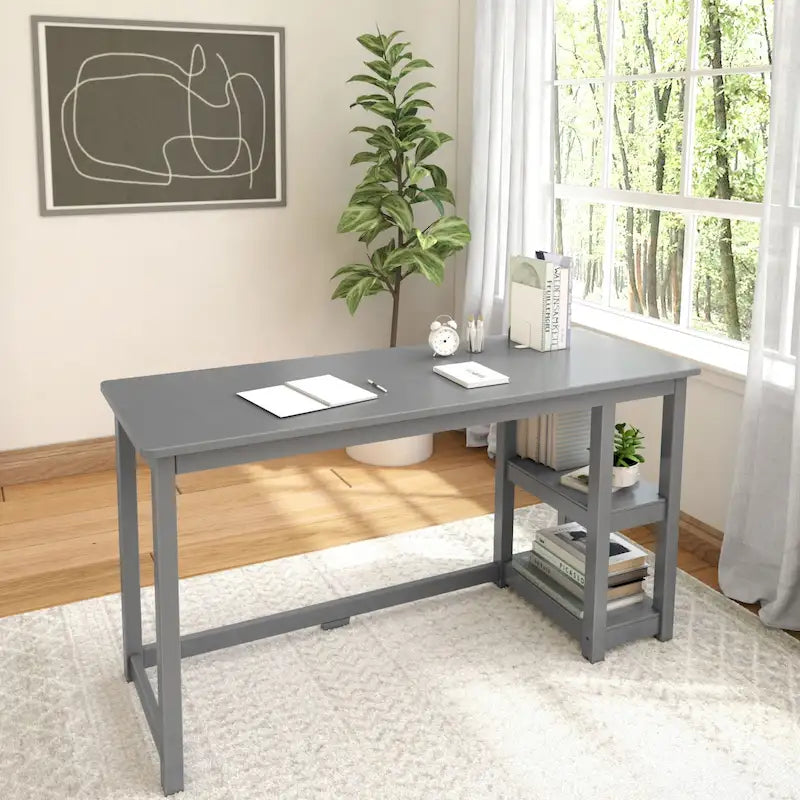 Escritorio sencillo para computadora con estante de almacenamiento lateral, mesa de madera para escribir y estudiar en casa o la oficina