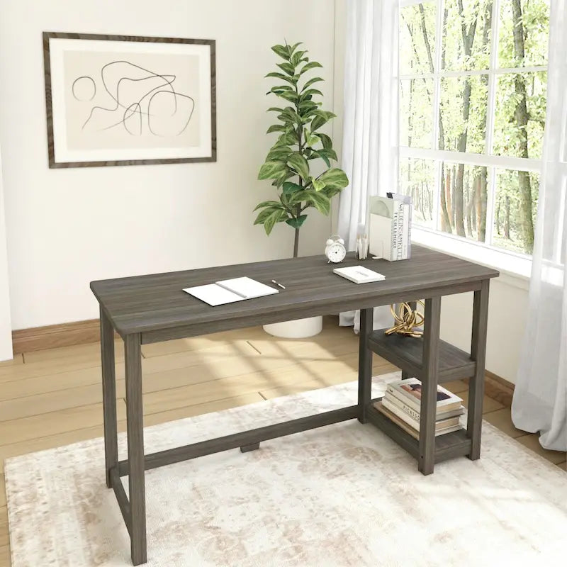 Escritorio sencillo para computadora con estante de almacenamiento lateral, mesa de madera para escribir y estudiar en casa o la oficina