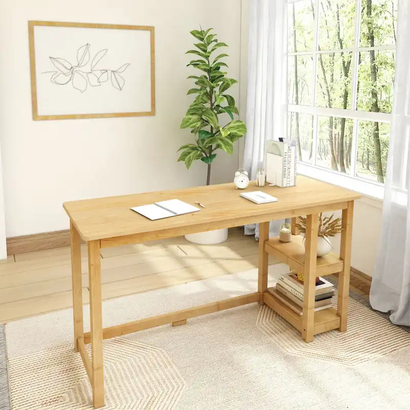 Escritorio sencillo para computadora con estante de almacenamiento lateral, mesa de madera para escribir y estudiar en casa o la oficina