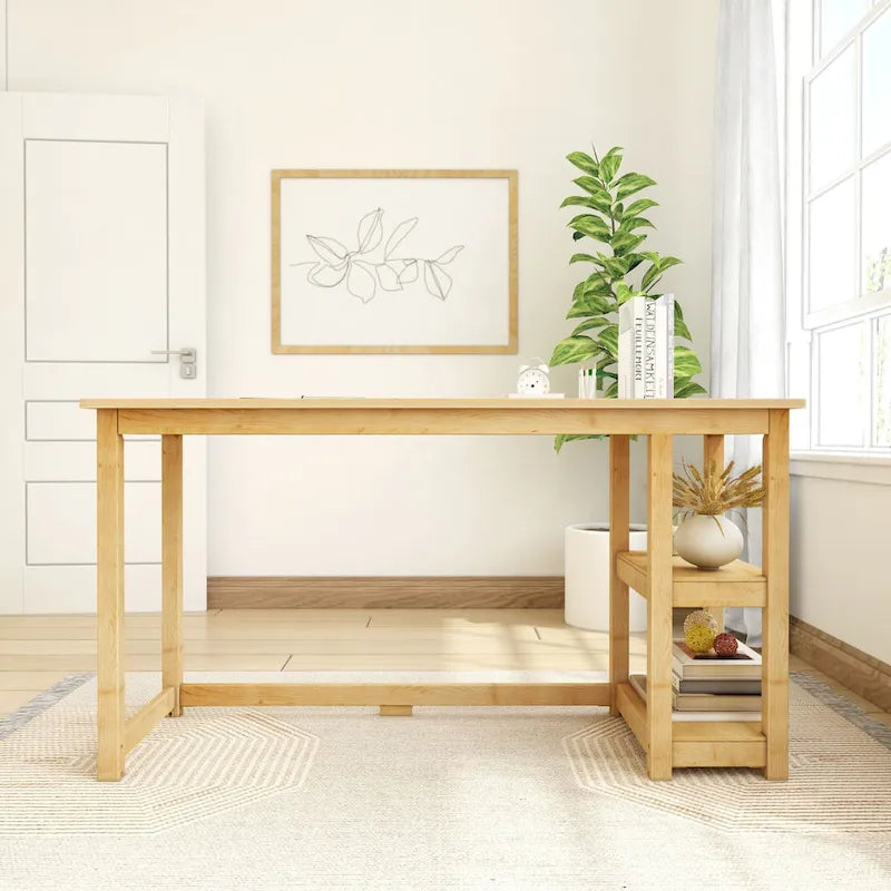 Escritorio sencillo para computadora con estante de almacenamiento lateral, mesa de madera para escribir y estudiar en casa o la oficina
