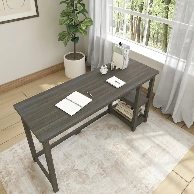 Escritorio sencillo para computadora con estante de almacenamiento lateral, mesa de madera para escribir y estudiar en casa o la oficina
