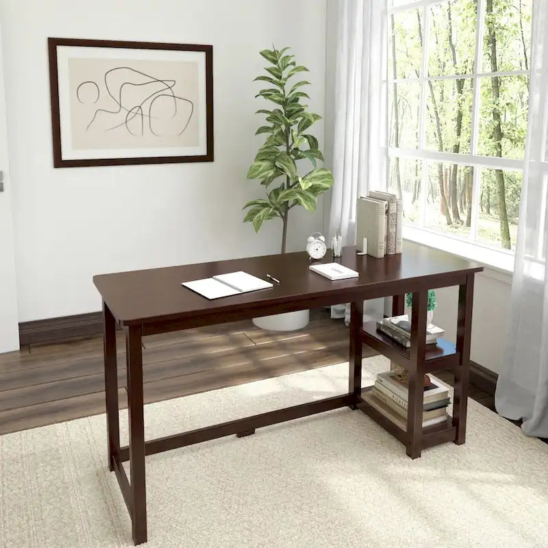 Escritorio sencillo para computadora con estante de almacenamiento lateral, mesa de madera para escribir y estudiar en casa o la oficina
