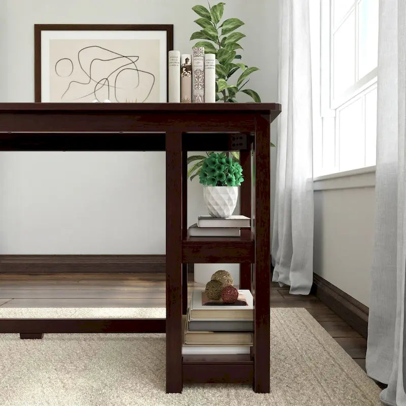 Escritorio sencillo para computadora con estante de almacenamiento lateral, mesa de madera para escribir y estudiar en casa o la oficina