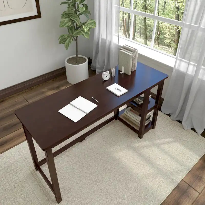 Escritorio sencillo para computadora con estante de almacenamiento lateral, mesa de madera para escribir y estudiar en casa o la oficina