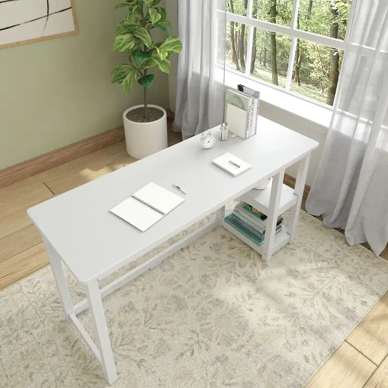 Escritorio sencillo para computadora con estante de almacenamiento lateral, mesa de madera para escribir y estudiar en casa o la oficina