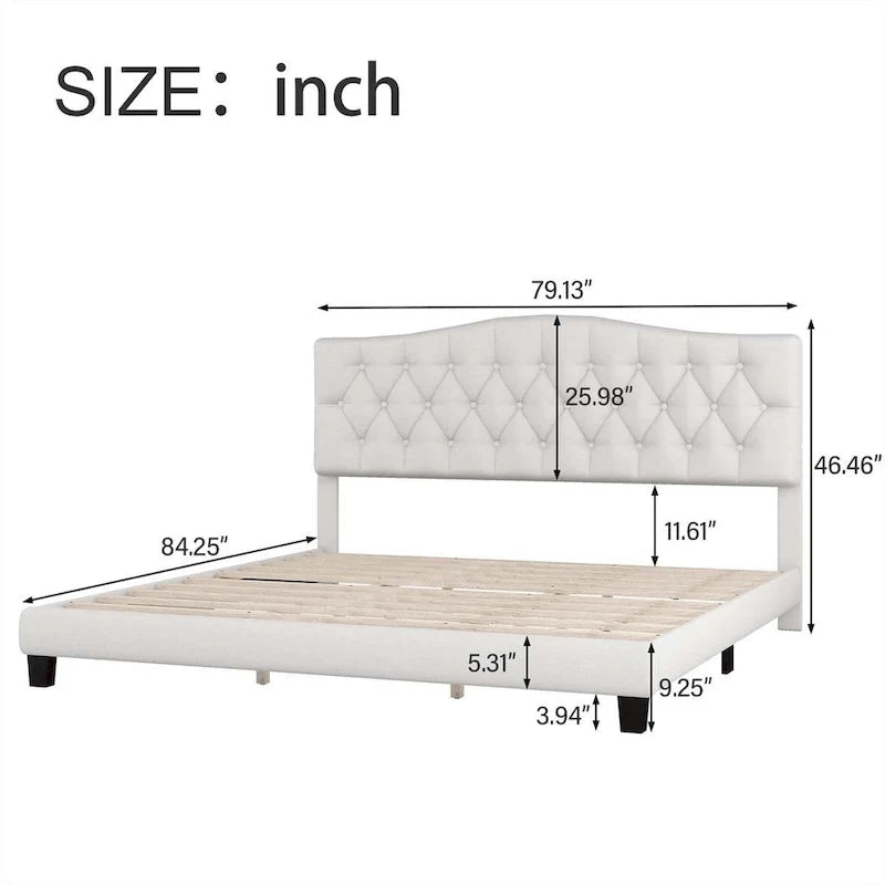 Cama tapizada tamaño king con cabecera curva tipo silla de montar