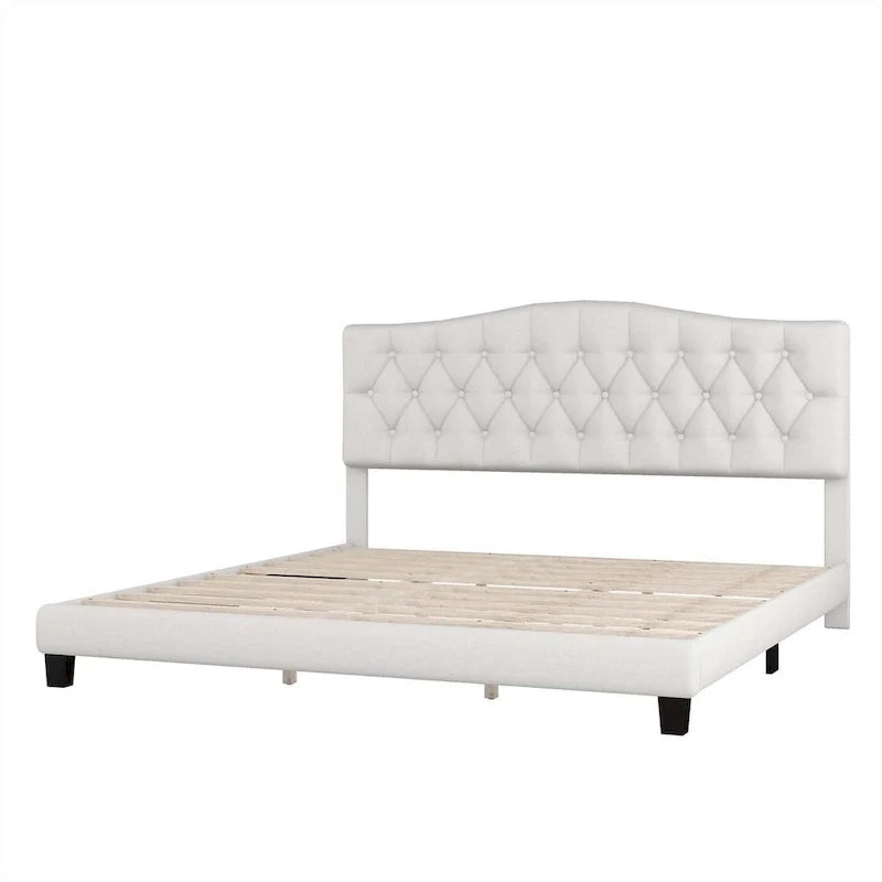 Cama tapizada tamaño king con cabecera curva tipo silla de montar