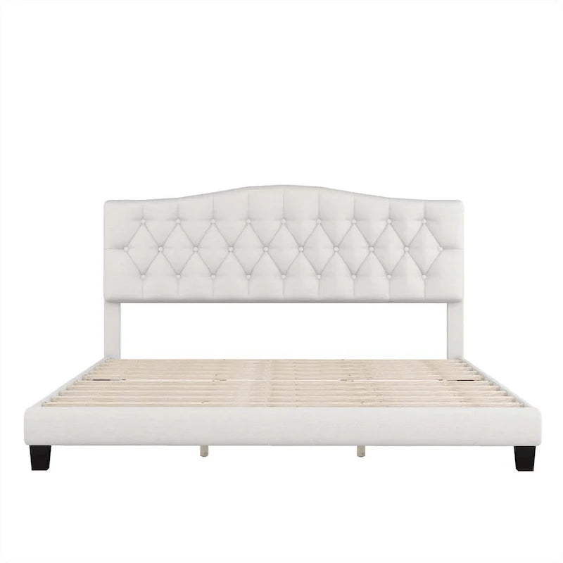 Cama tapizada tamaño king con cabecera curva tipo silla de montar